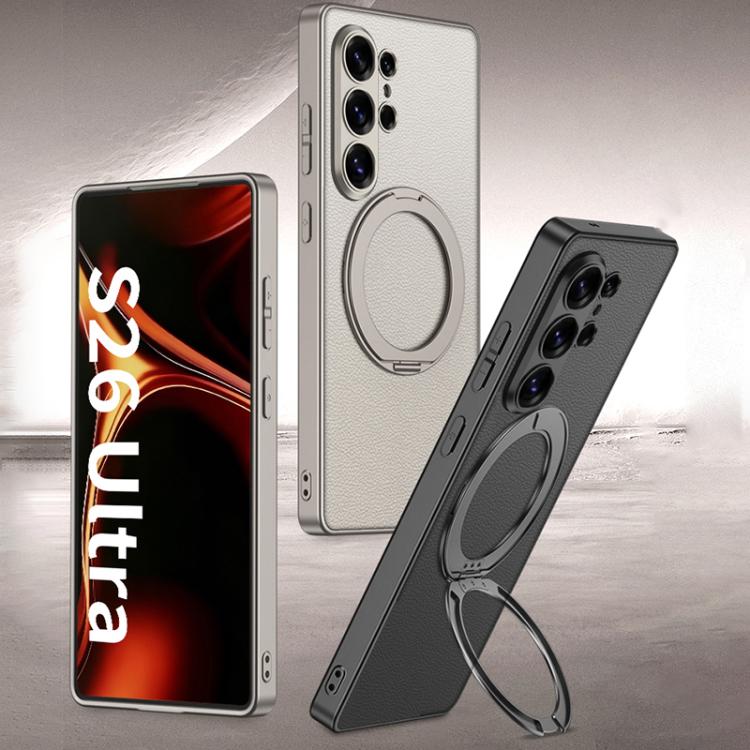 Custodia magnetica per telefono GKK effetto pelle con vernice metallizzata e supporto girevole, penna non inclusa., For Samsung Galaxy S26 Ultra 5G