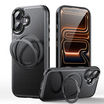Custodia per telefono con supporto magnetico girevole a 360 gradi e texture effetto pelle., For iPhone 16 Plus, For iPhone 16