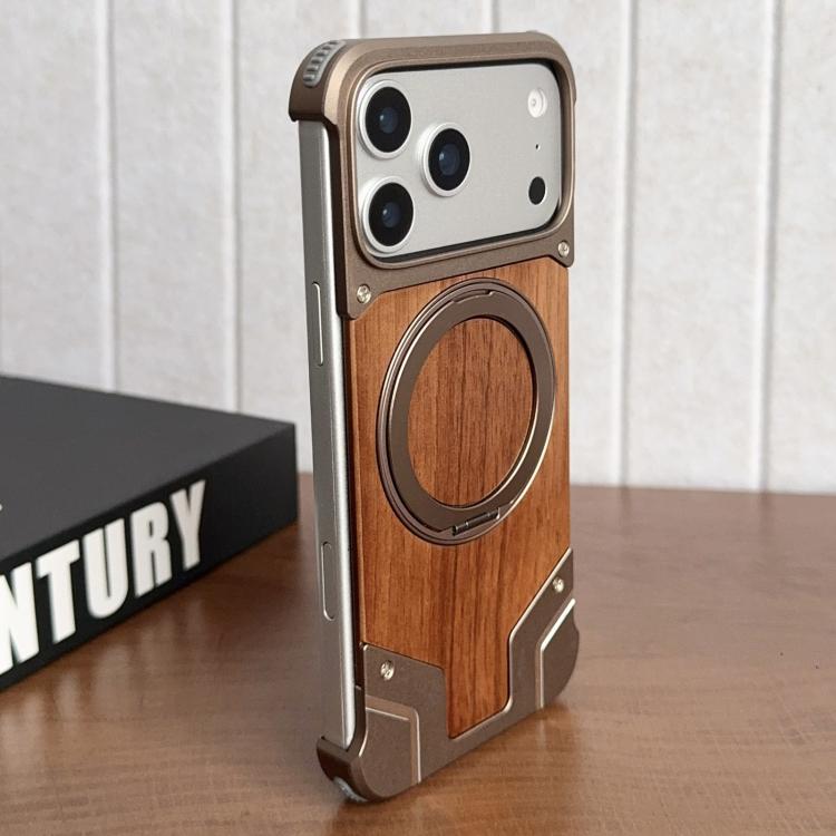 Custodia per telefono magnetica con supporto girevole a 360° in metallo e legno di noce, armatura, senza cornice., For iPhone 17 Pro Max, For iPhone 17 Pro