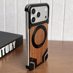 Custodia per telefono magnetica con supporto girevole a 360° in metallo e legno di noce, armatura, senza cornice., For iPhone 17 Pro Max, For iPhone 17 Pro