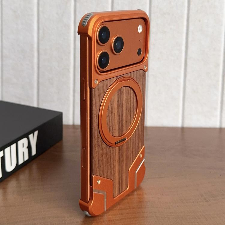 Custodia per telefono magnetica con supporto girevole a 360° in metallo e legno di noce, armatura, senza cornice., For iPhone 17 Pro Max, For iPhone 17 Pro