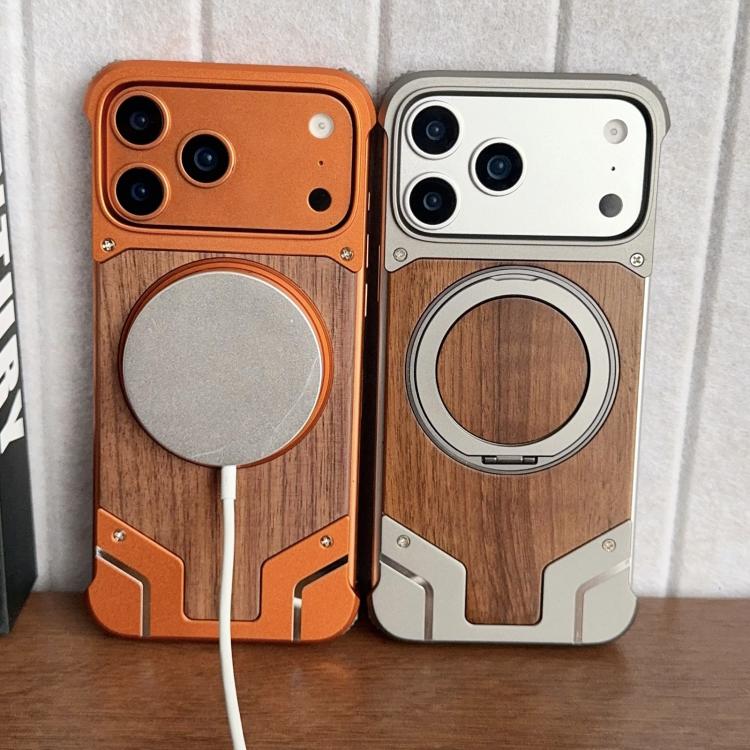 Custodia per telefono magnetica con supporto girevole a 360° in metallo e legno di noce, armatura, senza cornice., For iPhone 17 Pro Max, For iPhone 17 Pro