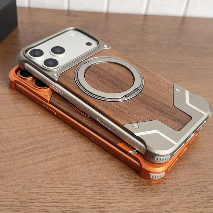 Custodia per telefono magnetica con supporto girevole a 360° in metallo e legno di noce, armatura, senza cornice., For iPhone 17 Pro Max, For iPhone 17 Pro