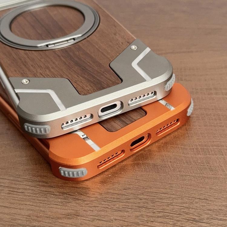 Custodia per telefono magnetica con supporto girevole a 360° in metallo e legno di noce, armatura, senza cornice., For iPhone 17 Pro Max, For iPhone 17 Pro