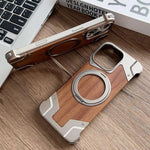 Custodia per telefono magnetica con supporto girevole a 360° in metallo e legno di noce, armatura, senza cornice., For iPhone 16 Pro Max, For iPhone 16 Pro