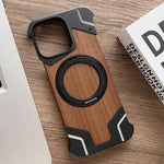 Custodia per telefono magnetica con supporto girevole a 360° in metallo e legno di noce, armatura, senza cornice., For iPhone 15 Pro Max, For iPhone 15 Pro
