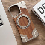 Custodia per telefono magnetica con supporto girevole a 360° in metallo e legno di noce, armatura, senza cornice., For iPhone 15 Pro Max, For iPhone 15 Pro