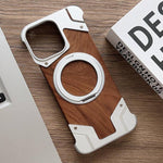 Custodia per telefono magnetica con supporto girevole a 360° in metallo e legno di noce, armatura, senza cornice., For iPhone 15 Pro Max, For iPhone 15 Pro