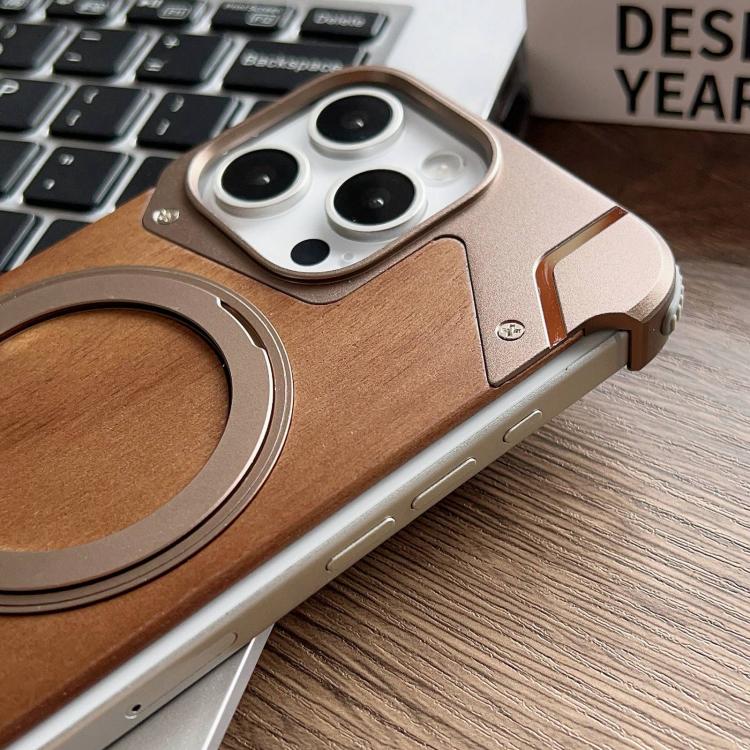 Custodia per telefono magnetica con supporto girevole a 360° in metallo e legno di noce, armatura, senza cornice., For iPhone 15 Pro Max, For iPhone 15 Pro