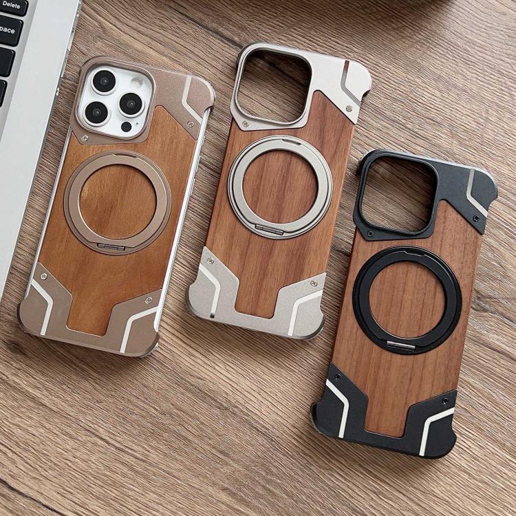 Custodia per telefono magnetica con supporto girevole a 360° in metallo e legno di noce, armatura, senza cornice., For iPhone 14 Pro, For iPhone 14 Pro Max, For iPhone 13 Pro Max