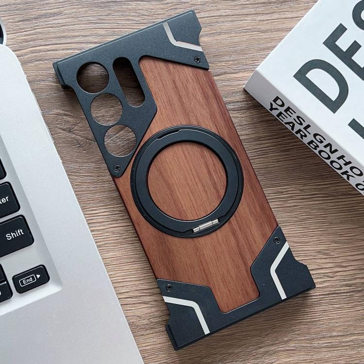 Custodia per telefono magnetica con supporto girevole a 360° in metallo e legno di noce, armatura, senza cornice., For Samsung Galaxy S26 Ultra 5G, For Samsung Galaxy S25 Ultra 5G, For Samsung Galaxy S24 Ultra 5G