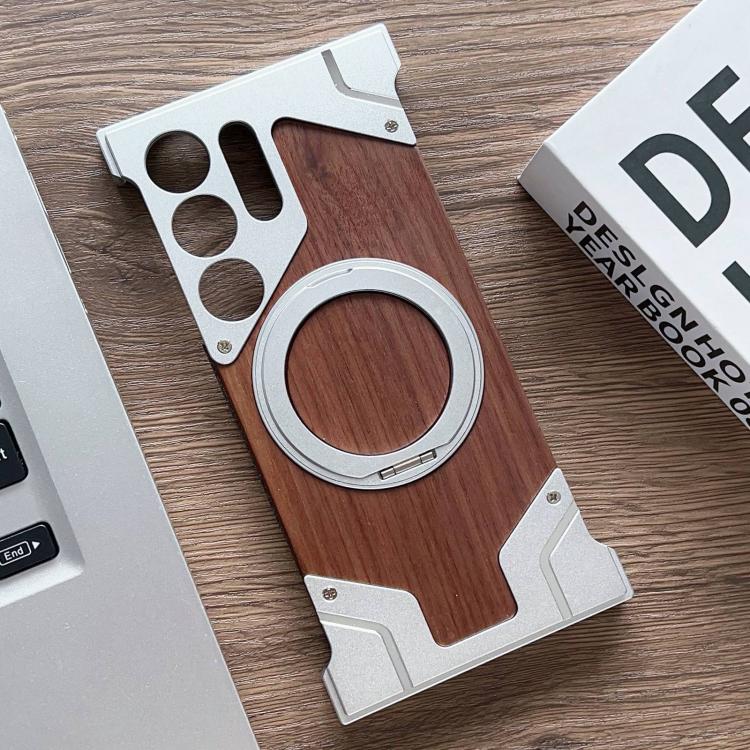 Custodia per telefono magnetica con supporto girevole a 360° in metallo e legno di noce, armatura, senza cornice., For Samsung Galaxy S26 Ultra 5G, For Samsung Galaxy S25 Ultra 5G, For Samsung Galaxy S24 Ultra 5G