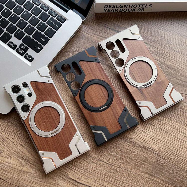 Custodia per telefono magnetica con supporto girevole a 360° in metallo e legno di noce, armatura, senza cornice., For Samsung Galaxy S26 Ultra 5G, For Samsung Galaxy S25 Ultra 5G, For Samsung Galaxy S24 Ultra 5G