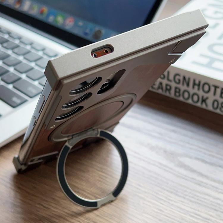 Custodia per telefono magnetica con supporto girevole a 360° in metallo e legno di noce, armatura, senza cornice., For Samsung Galaxy S26 Ultra 5G, For Samsung Galaxy S25 Ultra 5G, For Samsung Galaxy S24 Ultra 5G