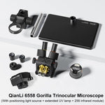 Microscopio trinoculare QianLi 6558 Gorilla 6.5X-58X con sorgente luminosa + lampada UV + modulo IR 256, with Light Source + UV Lamp + 256 IR Module, Plug:US Plug, QianLi 6558 with 256 IR Module EU Plug