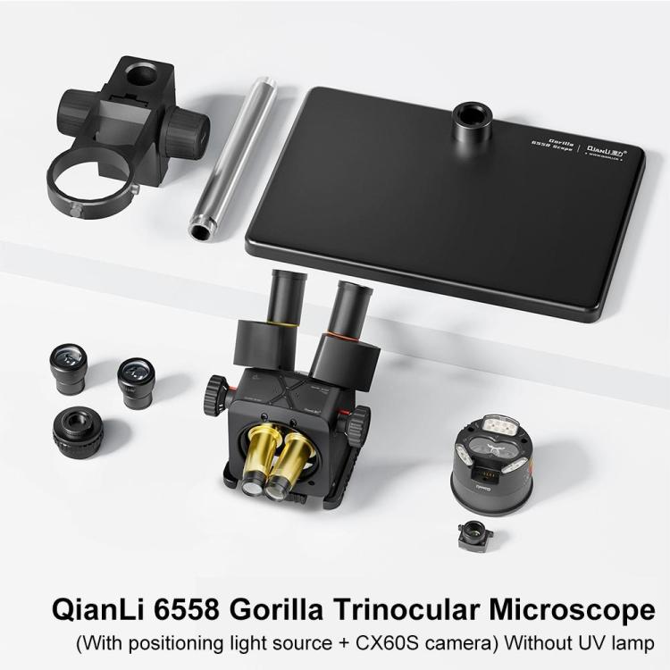 Microscopio trinoculare QianLi 6558 Gorilla 6.5X-58X con sorgente luminosa e fotocamera CX60S., with Light Source + CX60S Camera,US Plug, with Light Source + CX60S Camera,EU Plug