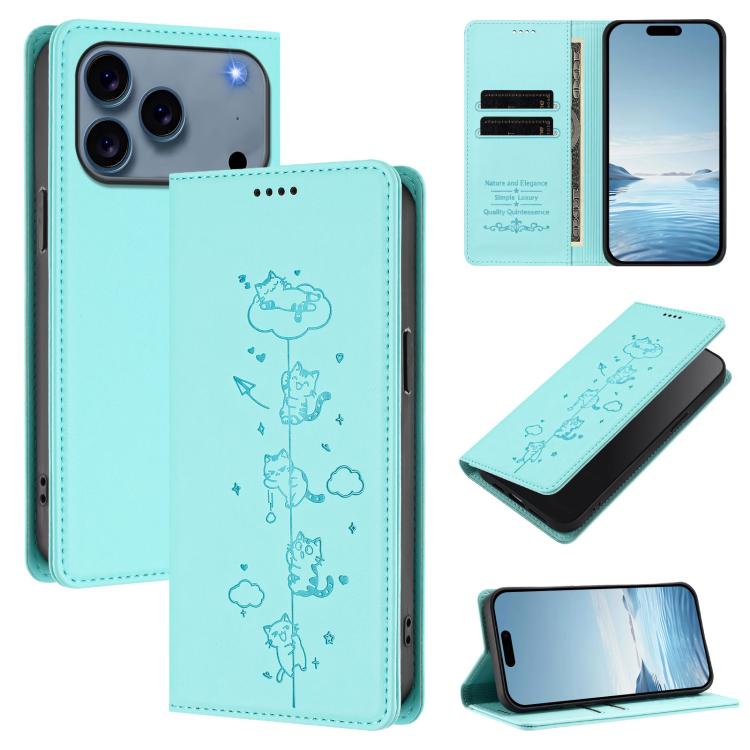Custodia per telefono in ecopelle con protezione RFID magnetica e stampa a rilievo di simpatici gattini., For iPhone 17 Pro, For iPhone 17