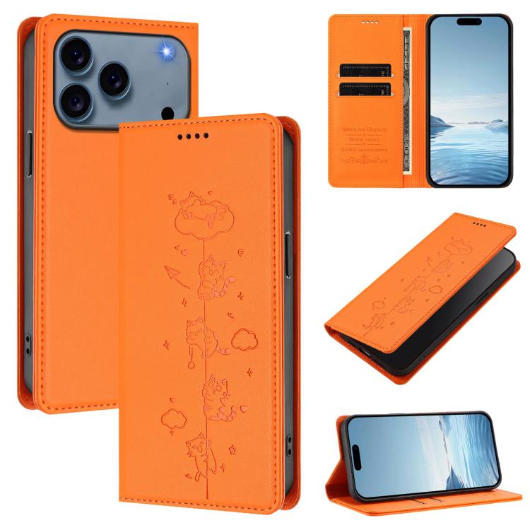 Custodia per telefono in ecopelle con protezione RFID magnetica e stampa a rilievo di simpatici gattini., For iPhone 17 Pro, For iPhone 17