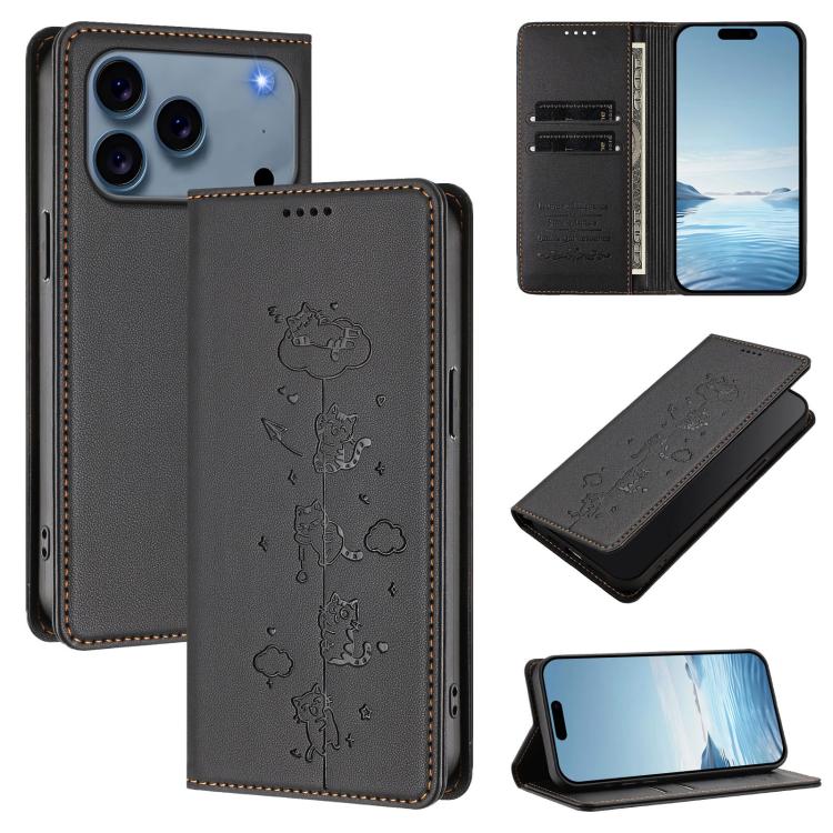 Custodia per telefono in ecopelle con protezione RFID magnetica e stampa a rilievo di simpatici gattini., For iPhone 17 Pro, For iPhone 17