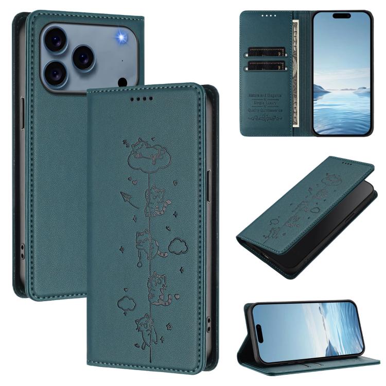 Custodia per telefono in ecopelle con protezione RFID magnetica e stampa a rilievo di simpatici gattini., For iPhone 17 Pro, For iPhone 17