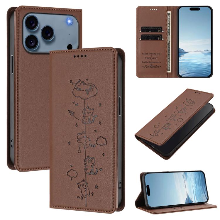 Custodia per telefono in ecopelle con protezione RFID magnetica e stampa a rilievo di simpatici gattini., For iPhone 17 Pro, For iPhone 17