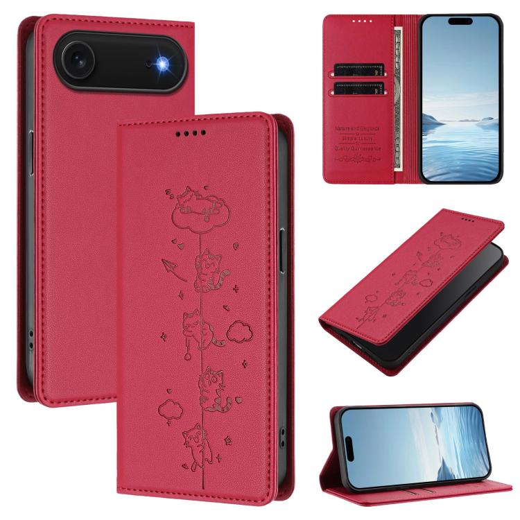 Custodia per telefono in ecopelle con protezione RFID magnetica e stampa a rilievo di simpatici gattini., For iPhone Air, For iPhone 16 Pro Max