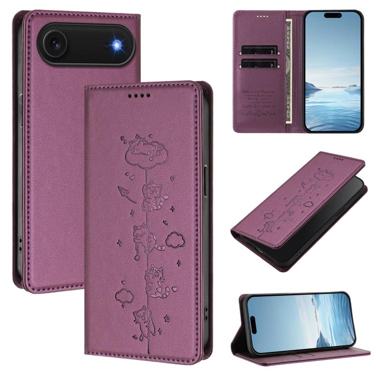 Custodia per telefono in ecopelle con protezione RFID magnetica e stampa a rilievo di simpatici gattini., For iPhone Air, For iPhone 16 Pro Max