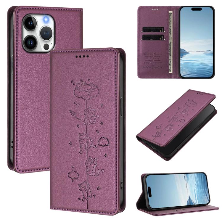 Custodia per telefono in ecopelle con protezione RFID magnetica e stampa a rilievo di simpatici gattini., For iPhone 16, For iPhone 15 Pro Max