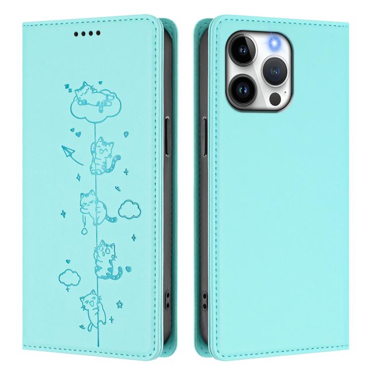 Custodia per telefono in ecopelle con protezione RFID magnetica e stampa a rilievo di simpatici gattini., For iPhone 15 Pro, For iPhone 15 Plus