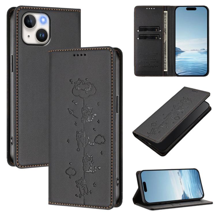 Custodia per telefono in ecopelle con protezione RFID magnetica e stampa a rilievo di simpatici gattini., For iPhone 15 Pro, For iPhone 15 Plus