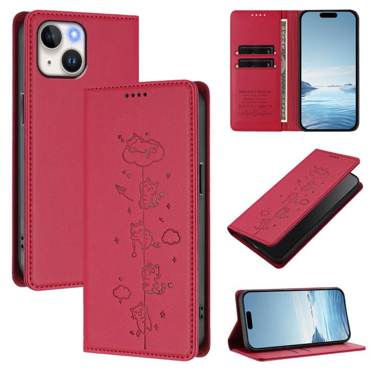 Custodia per telefono in ecopelle con protezione RFID magnetica e stampa a rilievo di simpatici gattini., For iPhone 15 Pro, For iPhone 15 Plus