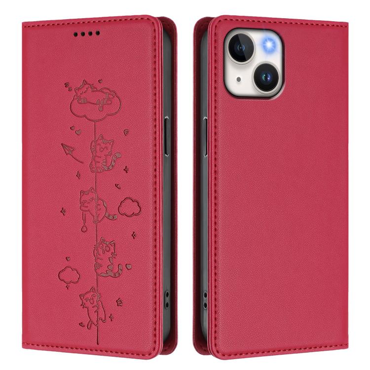Custodia per telefono in ecopelle con protezione RFID magnetica e stampa a rilievo di simpatici gattini., For iPhone 15, For iPhone 14 Plus