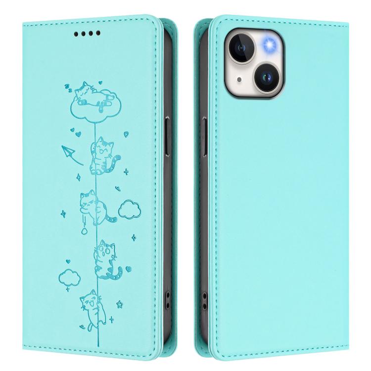 Custodia per telefono in ecopelle con protezione RFID magnetica e stampa a rilievo di simpatici gattini., For iPhone 14 / 13, For iPhone 14 Pro