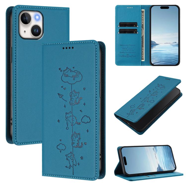 Custodia per telefono in ecopelle con protezione RFID magnetica e stampa a rilievo di simpatici gattini., For iPhone 14 / 13, For iPhone 14 Pro