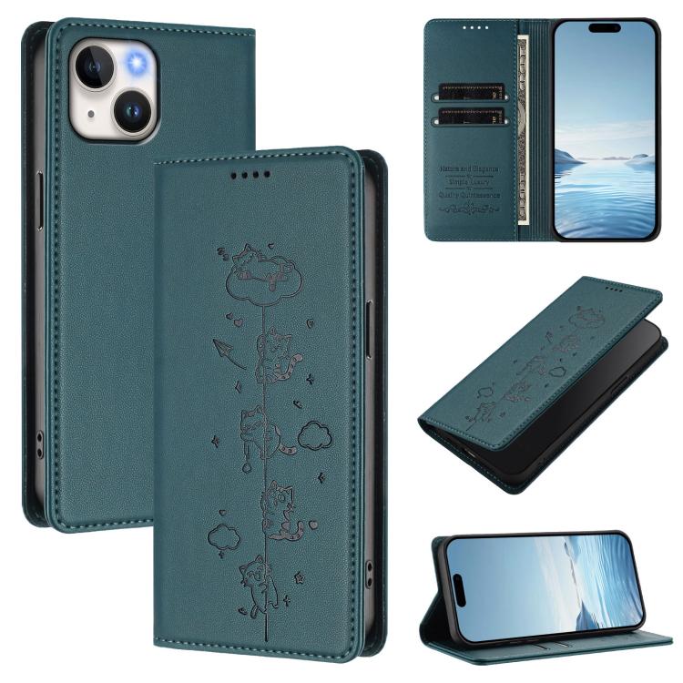 Custodia per telefono in ecopelle con protezione RFID magnetica e stampa a rilievo di simpatici gattini., For iPhone 14 / 13, For iPhone 14 Pro