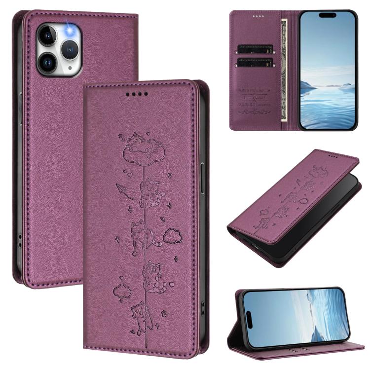 Custodia per telefono in ecopelle con protezione RFID magnetica e stampa a rilievo di simpatici gattini., For iPhone 12 / 12 Pro, For iPhone 11 Pro Max