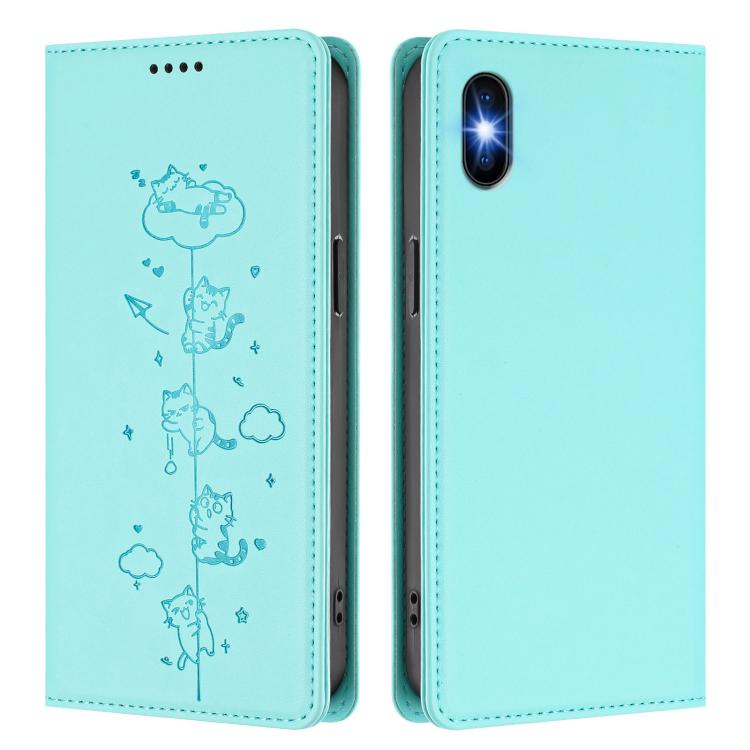 Custodia per telefono in ecopelle con protezione RFID magnetica e stampa a rilievo di simpatici gattini., For iPhone X / XS, For iPhone XR
