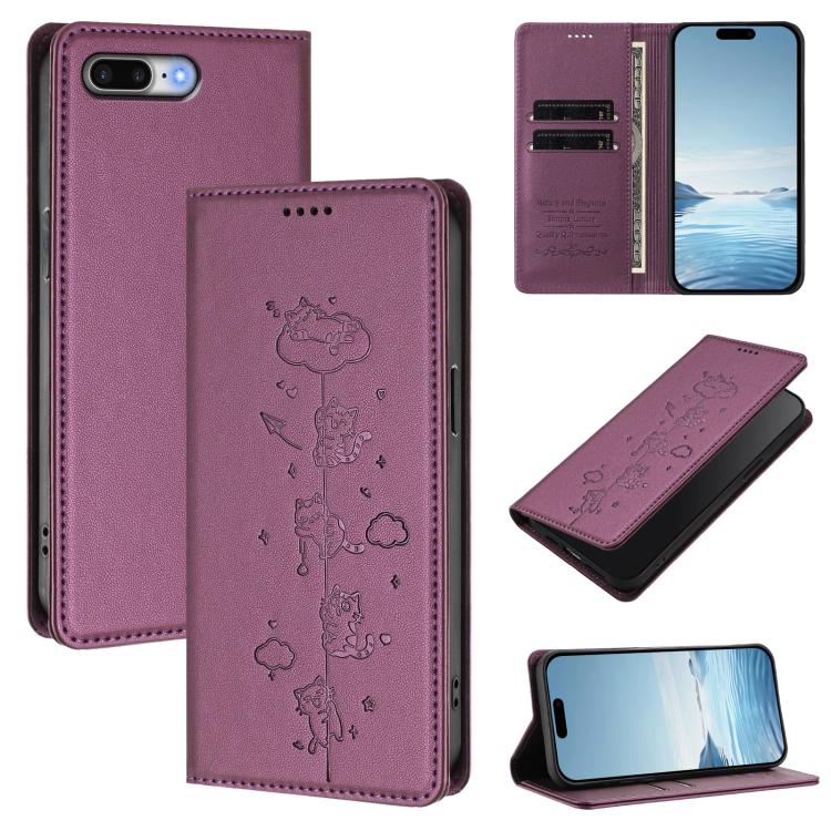 Custodia per telefono in ecopelle con protezione RFID magnetica e stampa a rilievo di simpatici gattini., For iPhone XS Max, For iPhone 8 Plus / 7 Plus