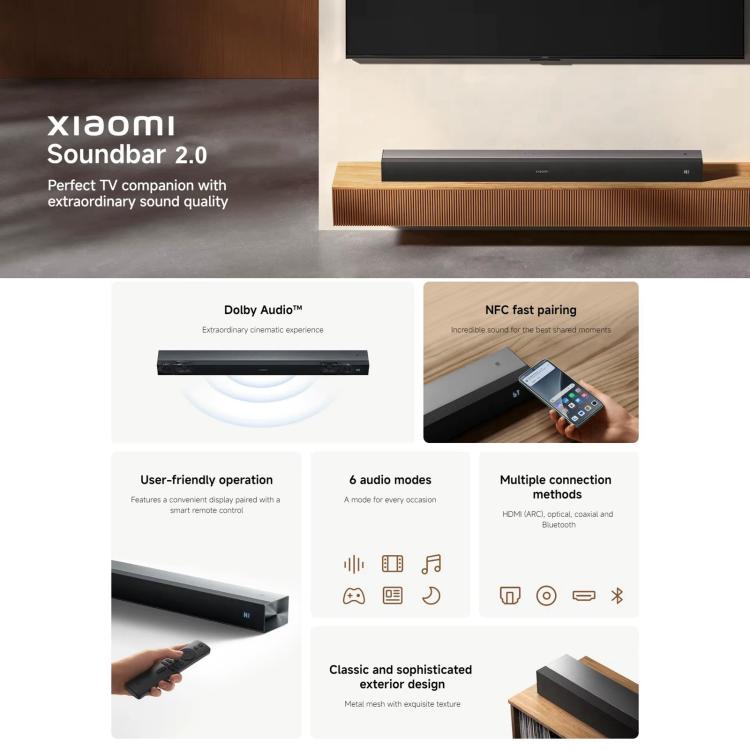 Soundbar 2.0 originale Xiaomi per TV e PC con supporto per connessione NFC, US Plug
