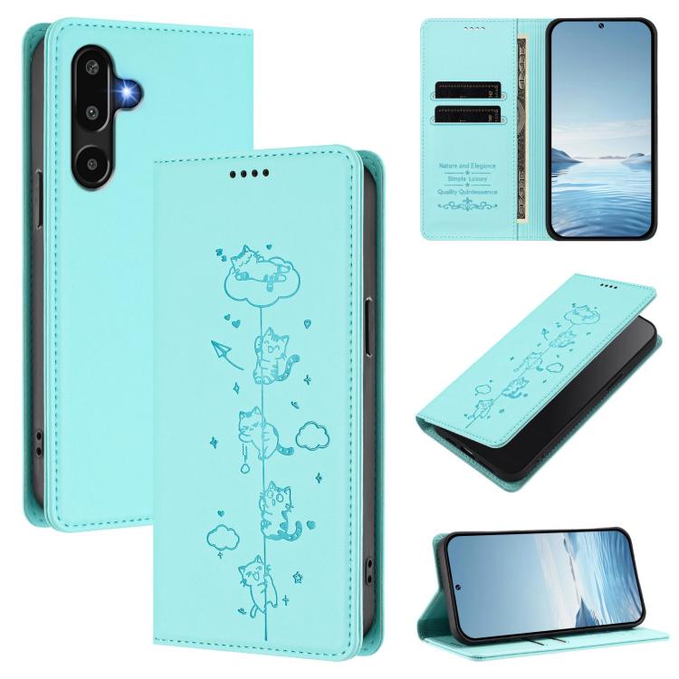 Custodia per telefono in ecopelle con protezione RFID magnetica e stampa a rilievo di simpatici gattini., For Samsung Galaxy M16 5G / F16 5G, For Samsung Galaxy M06 5G / F06 5G
