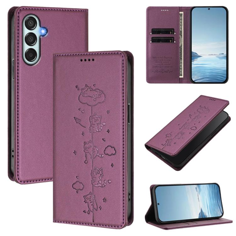 Custodia per telefono in ecopelle con protezione RFID magnetica e stampa a rilievo di simpatici gattini., For Samsung Galaxy XCover7, For Samsung Galaxy M34 5G / F34 5G