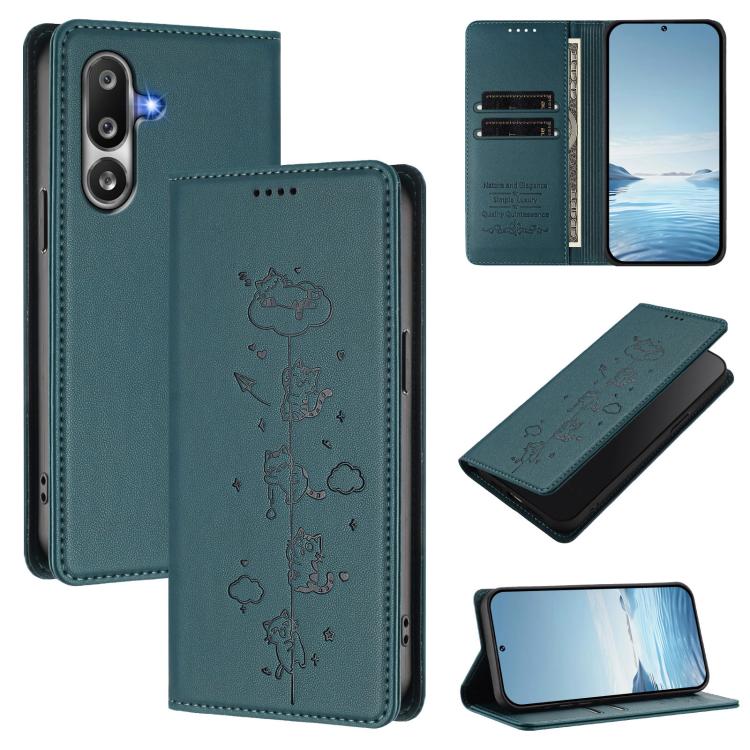 Custodia per telefono in ecopelle con protezione RFID magnetica e stampa a rilievo di simpatici gattini., For Samsung Galaxy M36 5G, For Samsung Galaxy M56 5G