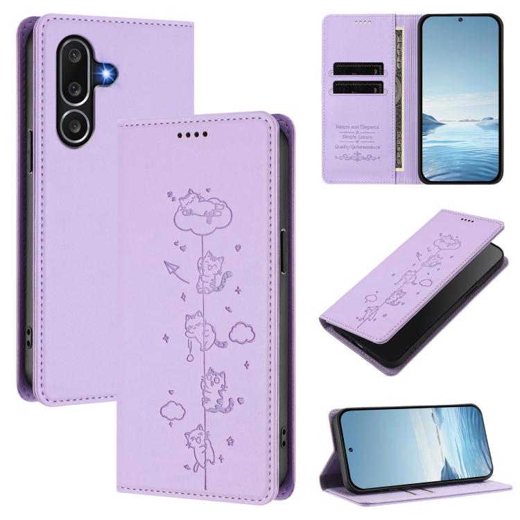 Custodia per telefono in ecopelle con protezione RFID magnetica e stampa a rilievo di simpatici gattini., For Samsung Galaxy M36 5G, For Samsung Galaxy M56 5G