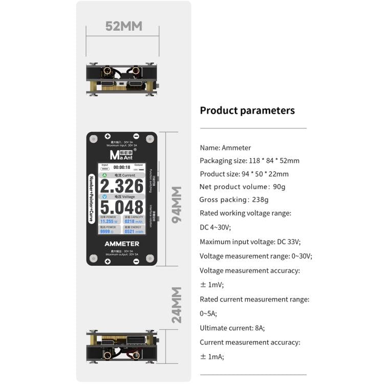 Amperometro digitale MaAnt DL-02 0-5A CC 4-30V