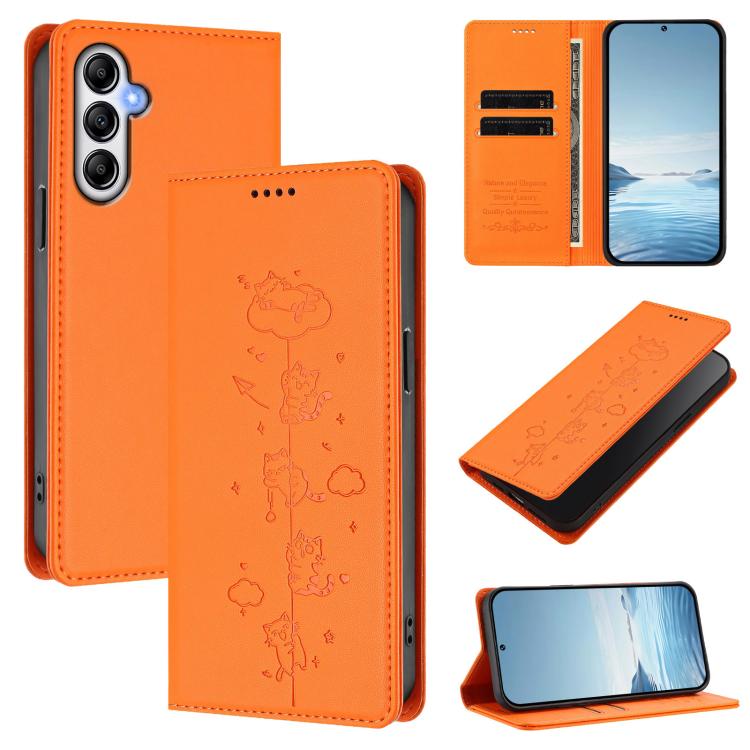 Custodia per telefono in ecopelle con protezione RFID magnetica e stampa a rilievo di simpatici gattini., For Samsung Galaxy A55 5G, For Samsung Galaxy A35 5G