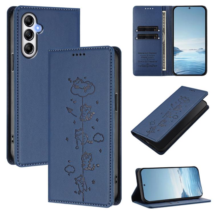Custodia per telefono in ecopelle con protezione RFID magnetica e stampa a rilievo di simpatici gattini., For Samsung Galaxy A55 5G, For Samsung Galaxy A35 5G