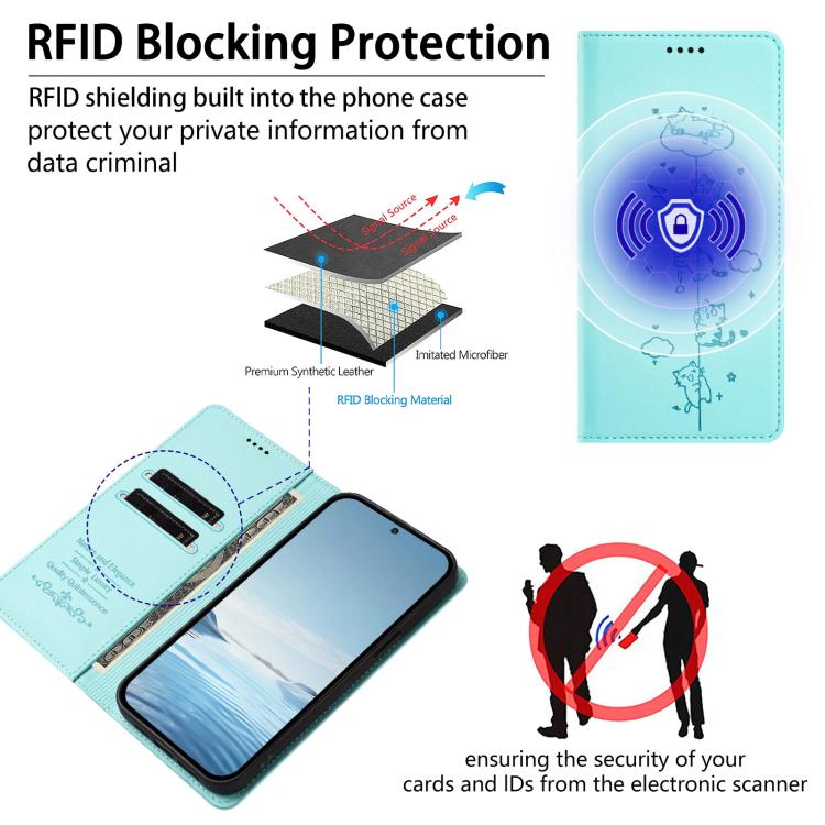 Custodia per telefono in ecopelle con protezione RFID magnetica e stampa a rilievo di simpatici gattini., For Samsung Galaxy A14 4G / 5G, For Samsung Galaxy A34 5G