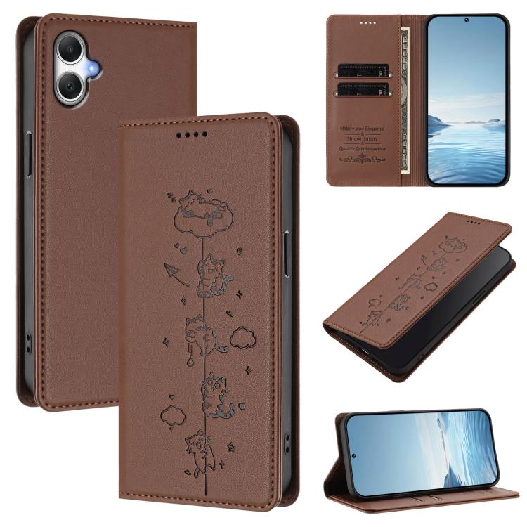 Custodia per telefono in ecopelle con protezione RFID magnetica e stampa a rilievo di simpatici gattini., For Samsung Galaxy A05 4G / M05 4G, For Samsung Galaxy A16 4G / 5G