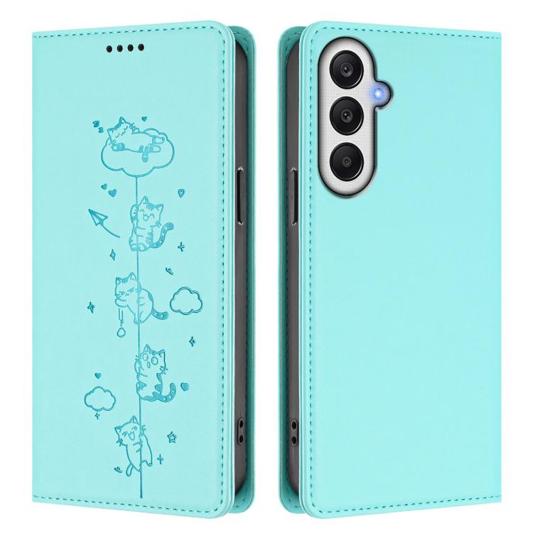 Custodia per telefono in ecopelle con protezione RFID magnetica e stampa a rilievo di simpatici gattini., For Samsung Galaxy A05s 4G / F14 4G, For Samsung Galaxy A15 4G / 5G