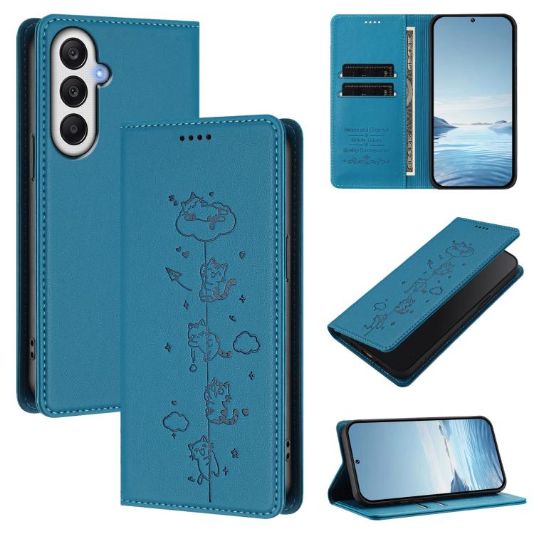 Custodia per telefono in ecopelle con protezione RFID magnetica e stampa a rilievo di simpatici gattini., For Samsung Galaxy A05s 4G / F14 4G, For Samsung Galaxy A15 4G / 5G